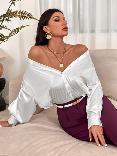 Bishop Sleeve Button Up Solid Shirt | SHEIN