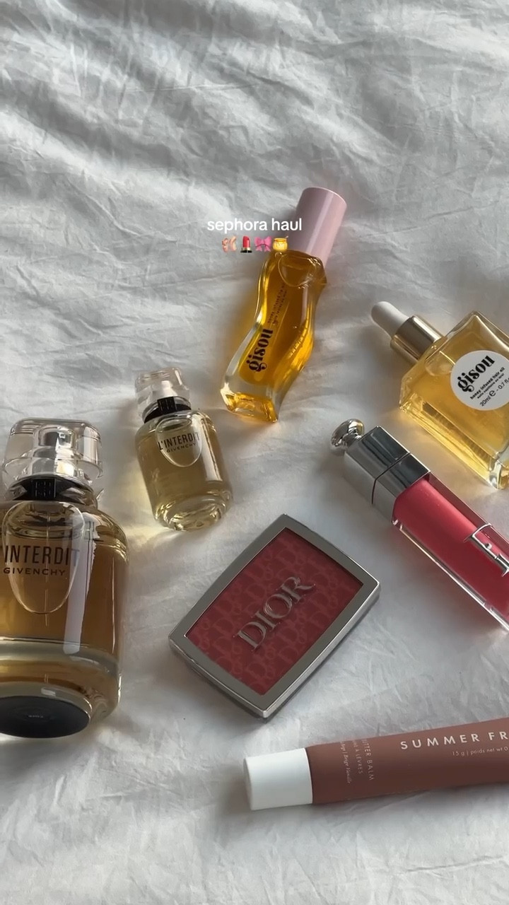 what I got recently at Sephora 🤍 - dior blush and lip oil in rosewood - gisou hair oil and lip oil - l’ interdit (givenchy) perfume - lip butter balm

#LTKVideo #LTKbeauty #LTKGiftGuide