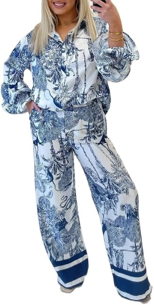 Women Y2k Satin Pajamas Set Floral Print Long Sleeve Button Shirt Wide Leg Pants 2 Piece Silk Lou... | Amazon (US)