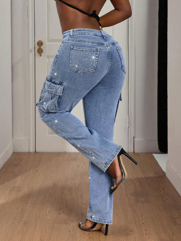 Slaydiva Women's Rhinestone Embellished Denim Cargo Pocket Slim Straight Jeans | SHEIN