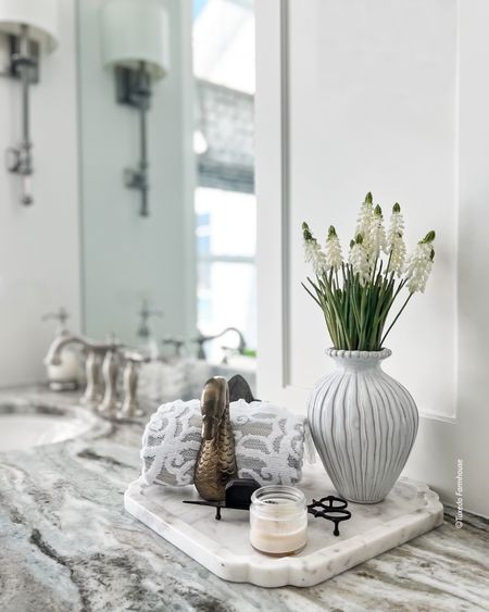 Pretty Spring decor styling for a bathroom vanity. 

Marble tray, brass towel holder, vintage wick trimmer, flower vase, faux flowers, bathroom decor, home decor. 

#ltkunder50
#ltkunder100

#LTKSeasonal #LTKstyletip #LTKhome