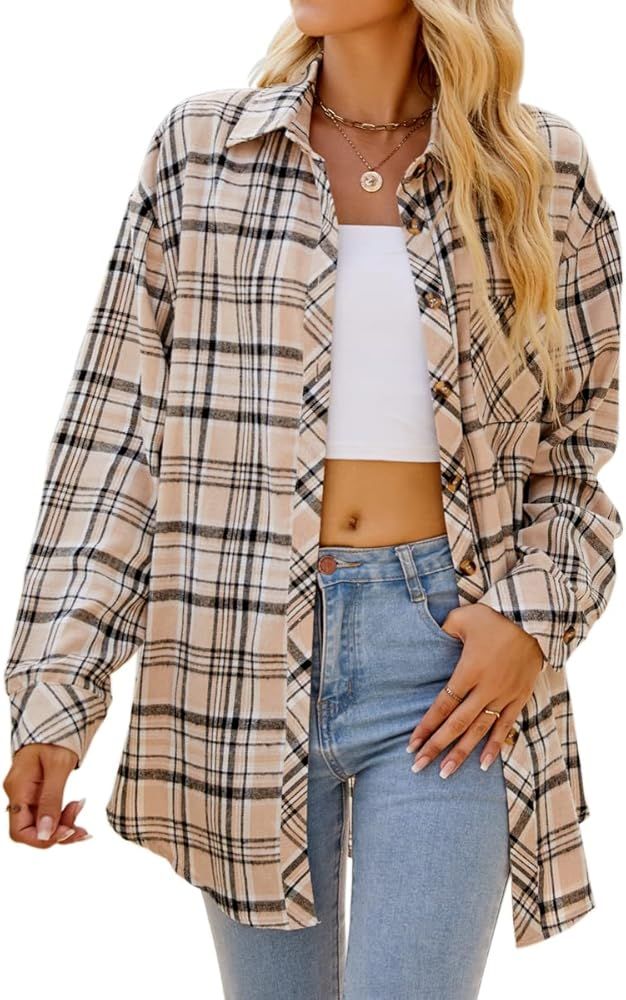 CHYRII Womens Button Down Flannel Shirts Long Sleeve Plaid Shackets Business Casual Blouse Top | Amazon (US)