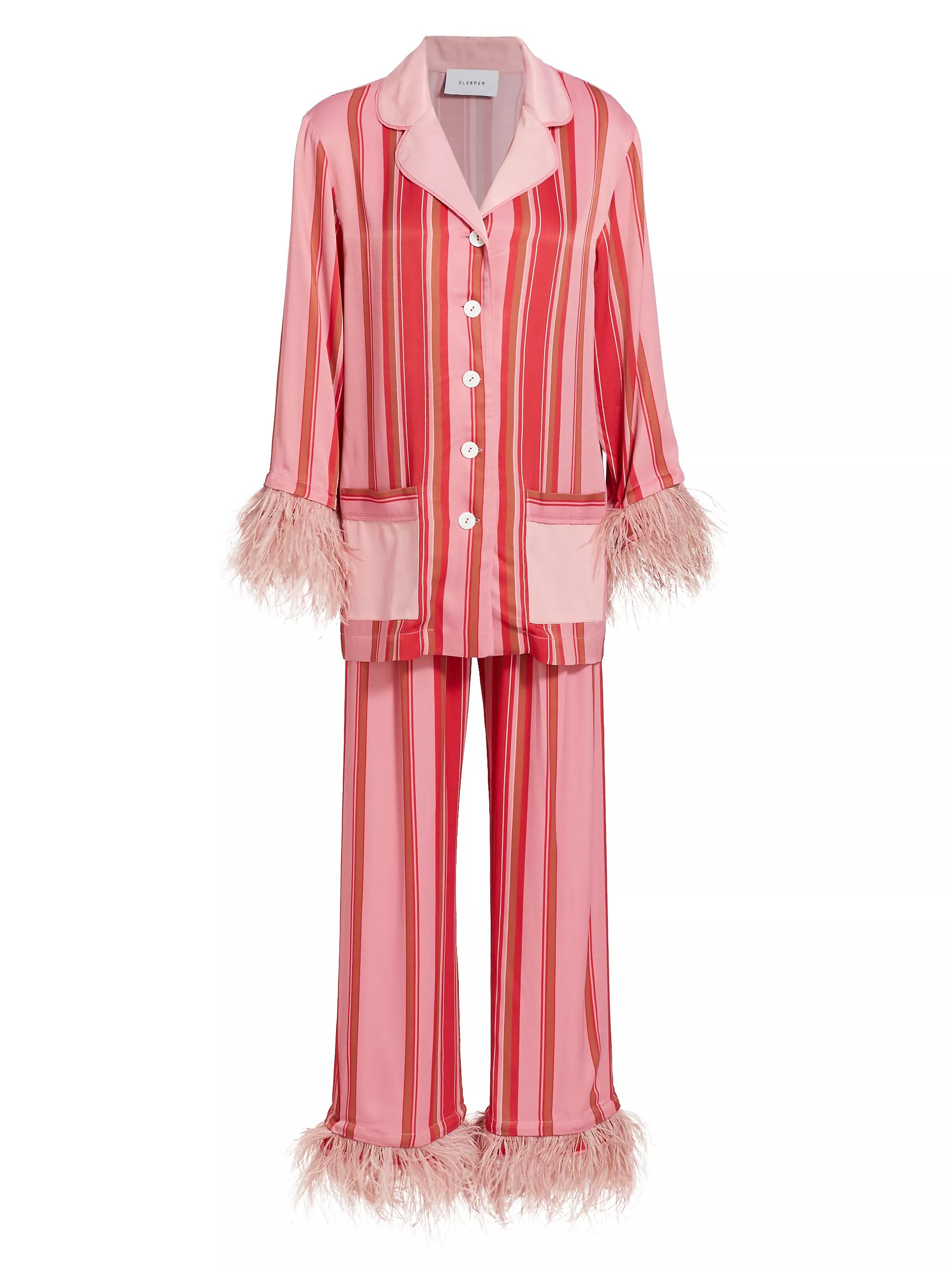 Striped Feather-Trim Two-Piece Pajama Set | Saks Fifth Avenue