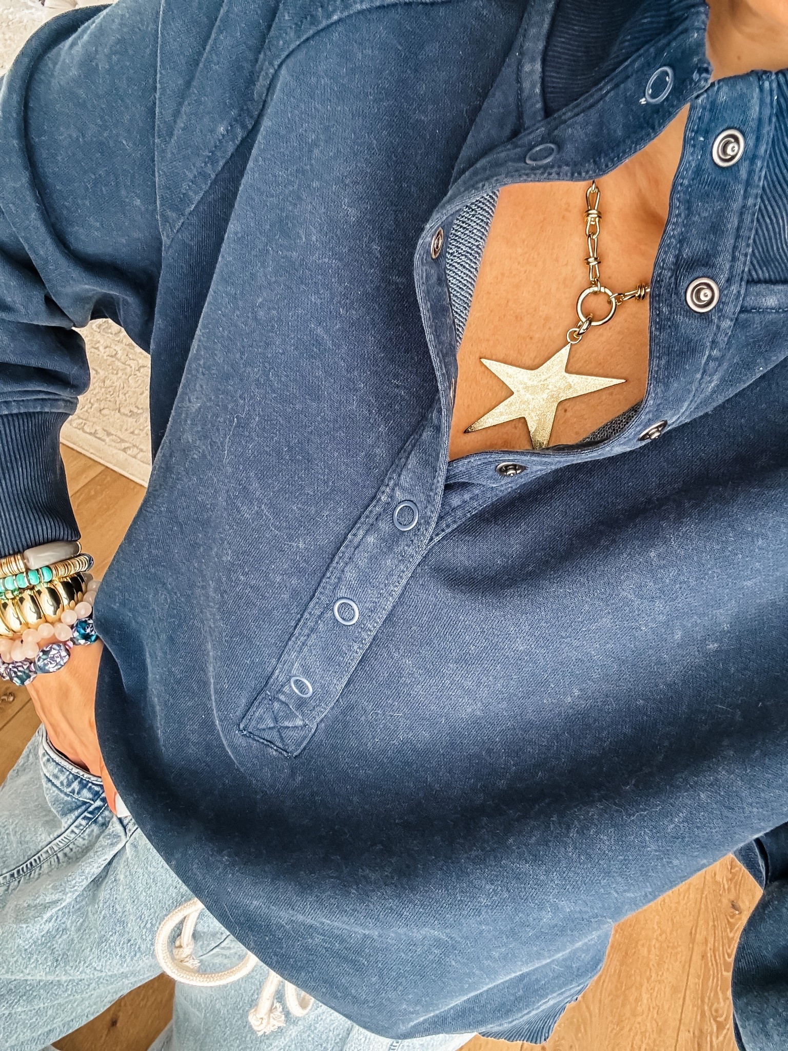 Jewelry code HOUSEOFLEO20. Star necklace. Small Henley sweatshirt.

#LTKSaleAlert #LTKOver40