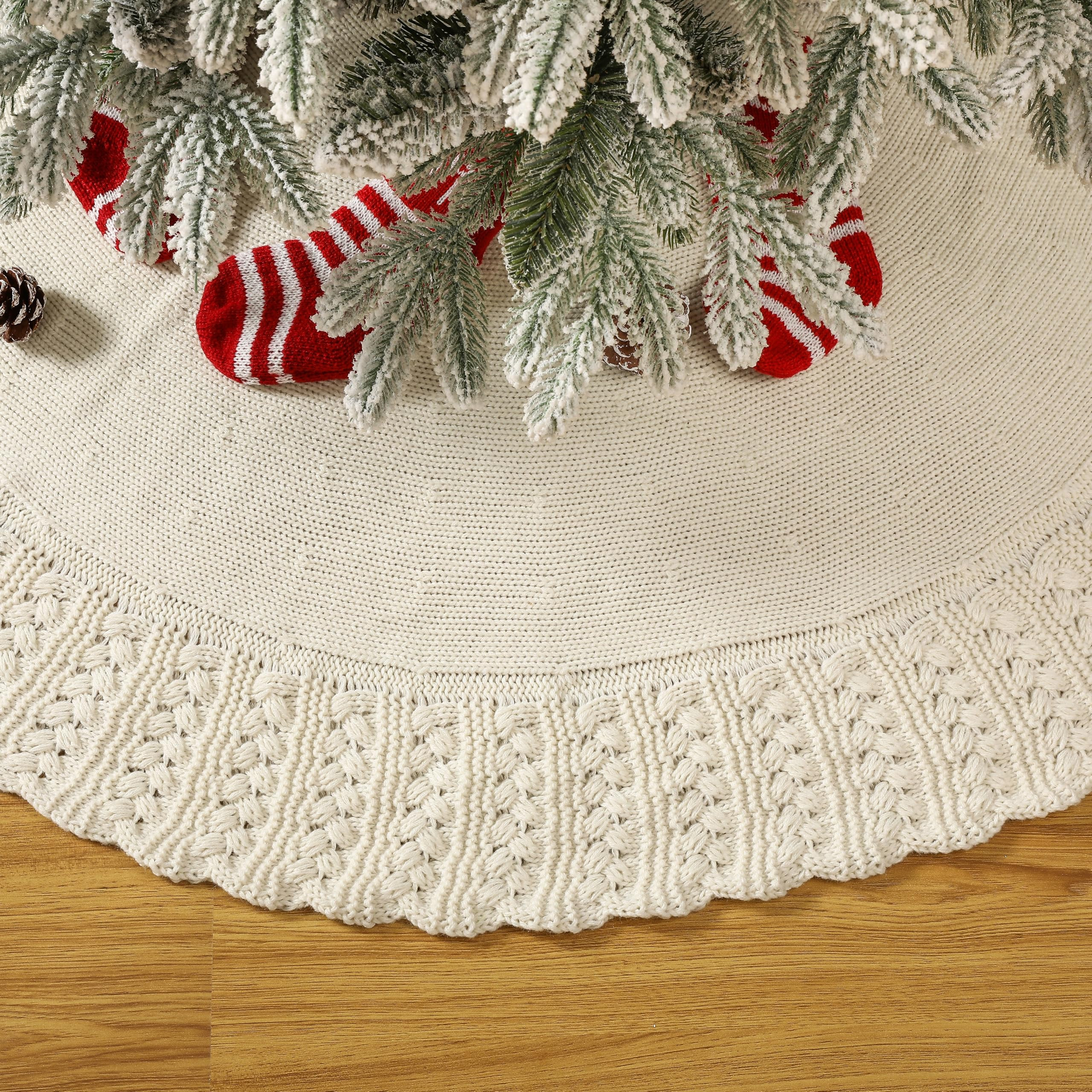 Ivory Knitted Christmas Tree Skirt, Cozy Cable Knit Design with Scalloped Edge and Ties, Rustic F... | Amazon (US)