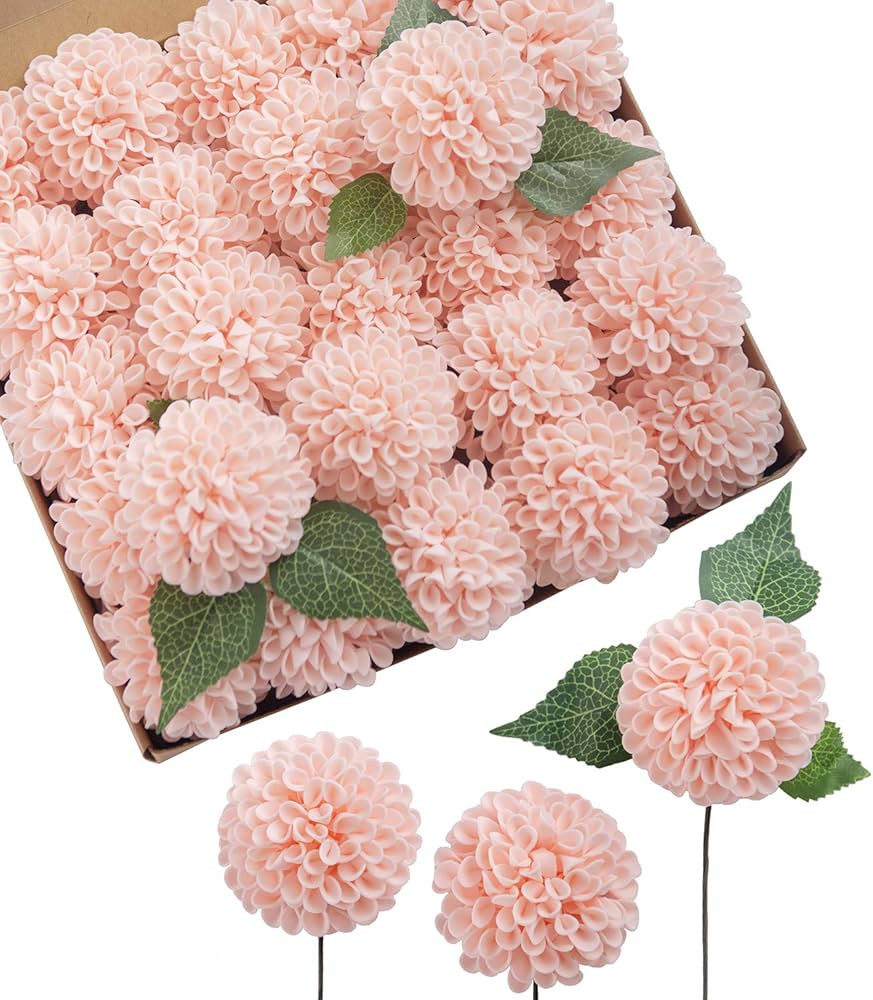 Ling's Moment Artificial Wedding Dahlia Flowers 25 pcs Blush Fake Roses w/Stem for DIY Wedding De... | Amazon (US)