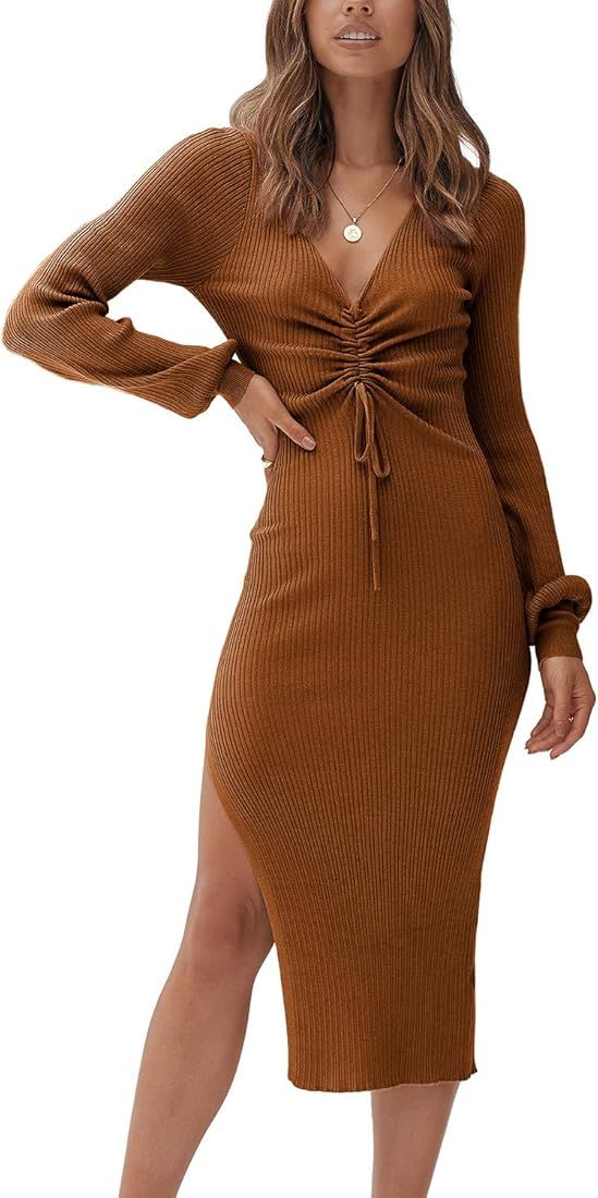 PRETTYGARDEN Women's Midi Sweater Dress Long Lantern Sleeve Ruched V Neck Drawstring Side Slit Kn... | Amazon (US)