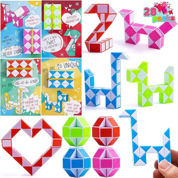 JOYIN 28 Packs Valentine's Day Cards with Snake Cube Twist Toys for Kids, Snake Cube Twist Puzzle... | Amazon (US)