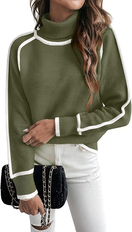 EVALESS Fall Sweaters for Women Trendy 2025 Cute Cozy Turtleneck Long Sleeve Colorblock Knitted P... | Amazon (US)