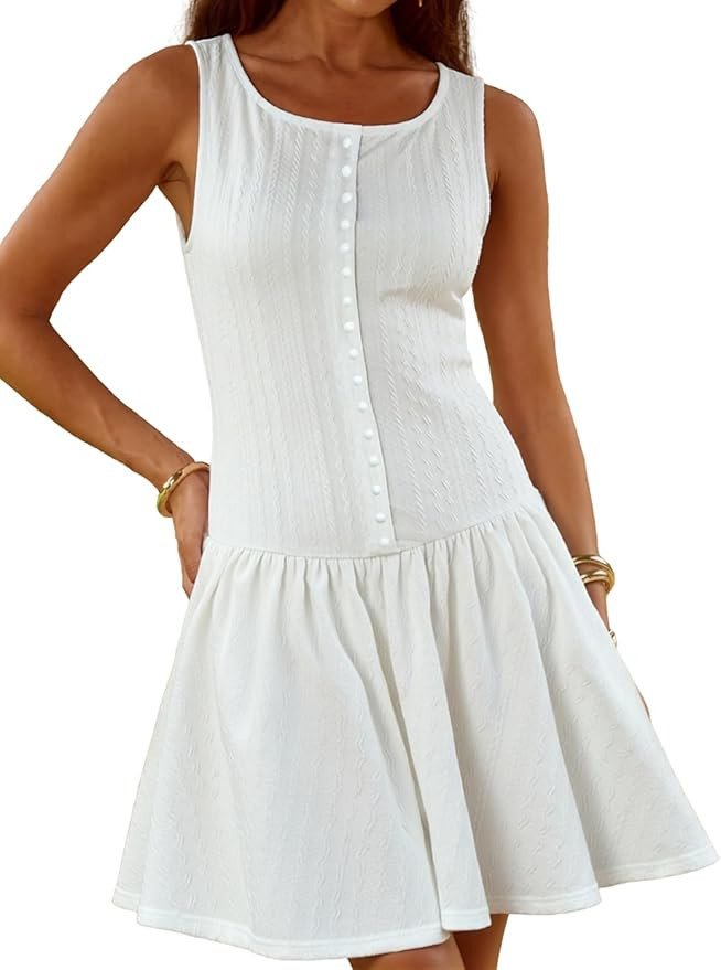 YUNDAI Women's Sleeveless Mini Dress: Fitted Faux-Button Waist Flared Skirt Casual Summer Tank Dr... | Amazon (US)