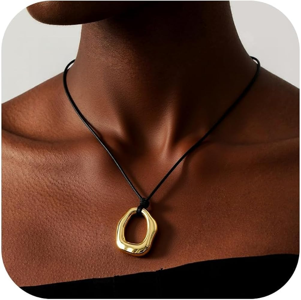 Round Circle Pendant Necklace Chunky Gold Silver Necklace Black Leather Choker Leather Rope Long ... | Amazon (US)