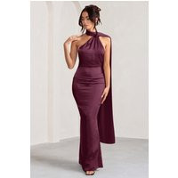 Mademoiselle | Burgundy Satin Asymmetric Scarf Neck Backless Maxi Dress | Club L London