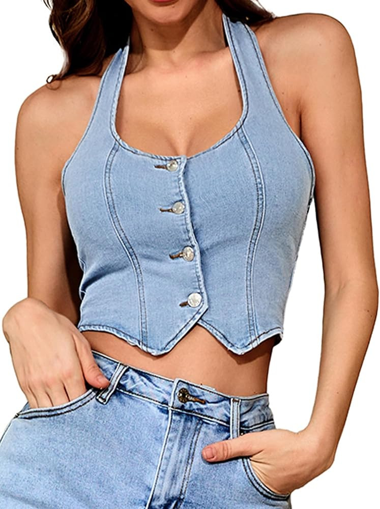 ELLEVEN Women's Denim Halter Top Jean Vest - Square Neck Button Front Slim Fit Crop Vest Western ... | Amazon (US)