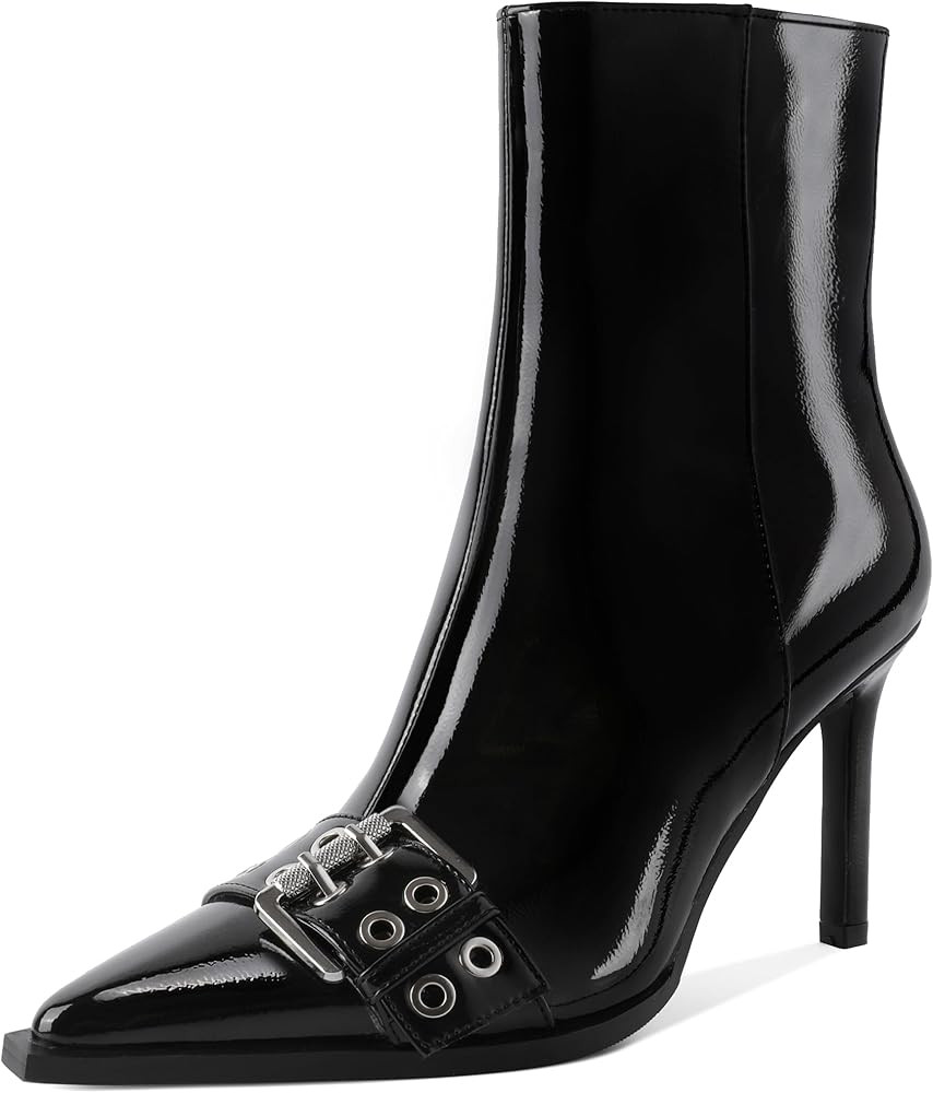 YODEKS Women Ankle Boots Pointed Toe 3.5" High Heel Boots Eyelets Buckles Straps Booties Side Zip... | Amazon (US)