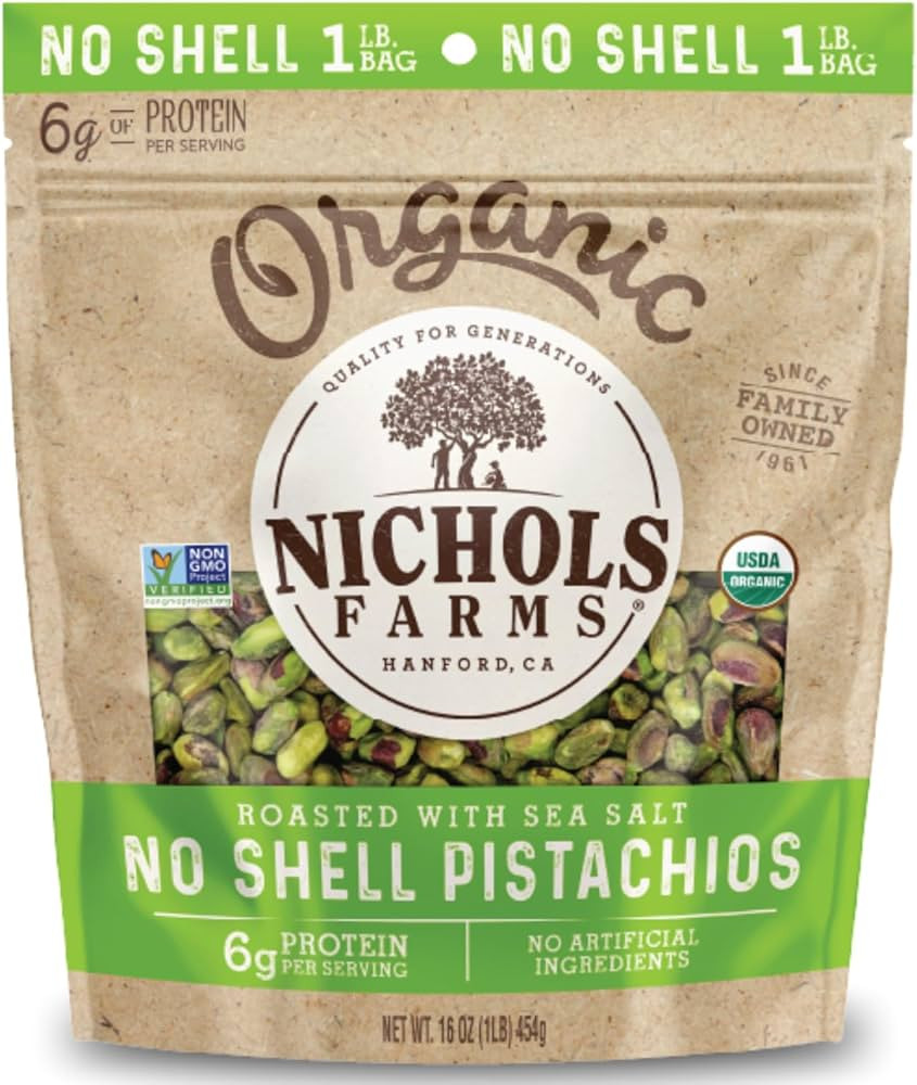 Nichols Farms Organic No Shell California Pistachios, Healthy Protein Snack, Roasted Sea Salt, 1L... | Amazon (US)