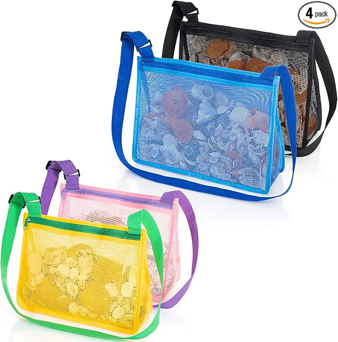 JOTO Beach Mesh Bag Shell Bags, 2 Large & 2 Standard Kids Sand Toy Seashell Collecting Bag for Pi... | Amazon (US)