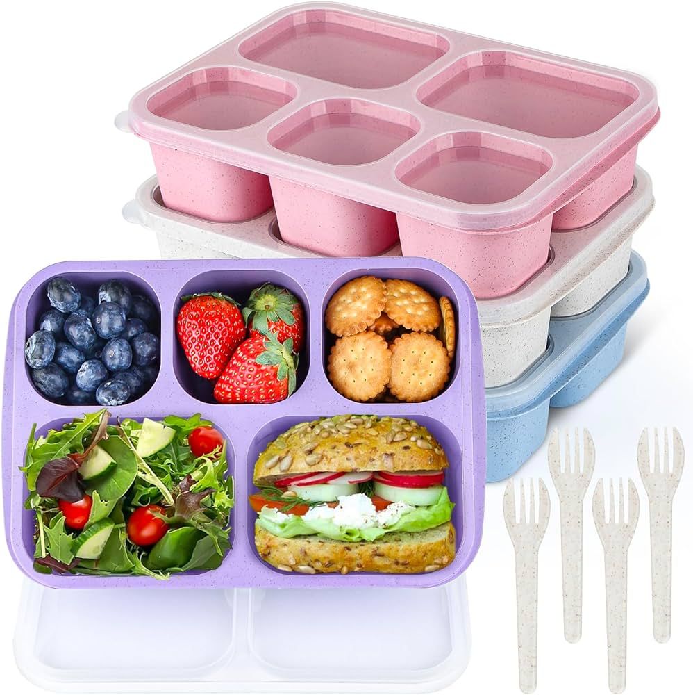 Bento Box Adult Lunch Box, 5 Compartment Bento Box for Adults 4 Pack, Reusable Stackable Snack Co... | Amazon (US)