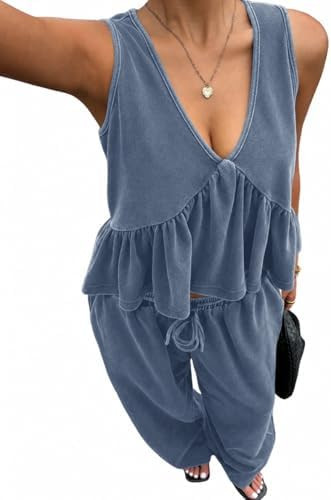 Women's 2 Piece Outfit Vintage V-Neck Camisole And Pants Set Summer Matching Loungewear | Amazon (US)