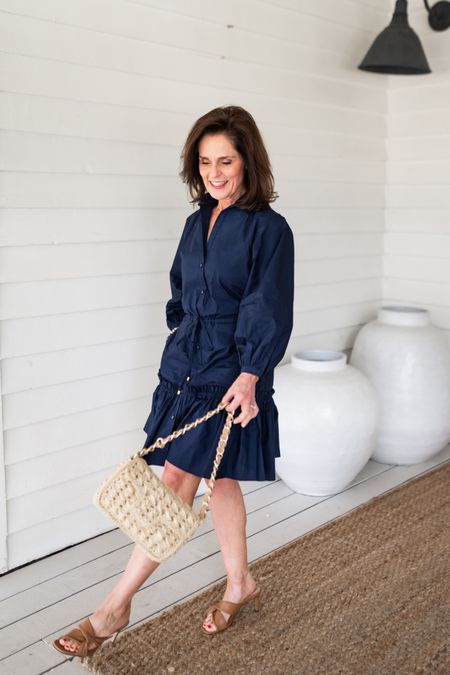 The perfect little navy dress for spring.  Petite friendly from Cara Cara.  TTS wearing an XXS.

Comfortable cognac heeled sandal from Inez to pair with it.  Use Beth15 for 15%.
#ltkpetite #petite

#LTKover40 #LTKshoecrush #LTKSeasonal