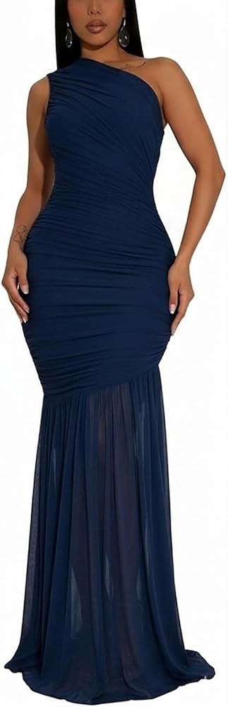 Women's Sexy One Shoulder Sleeves Bodycon Ruched Long Elegant Formal Wedding Guest Evening Dresse... | Amazon (US)