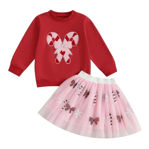 BemeyourBBs Toddler Girl Christmas Outfit Baby Girl Crewneck Sweatshirt Tutu Skirts Set Cute Little Girl Clothes (Candy Cane Bow Red, 12-18 Months) | Amazon (US)