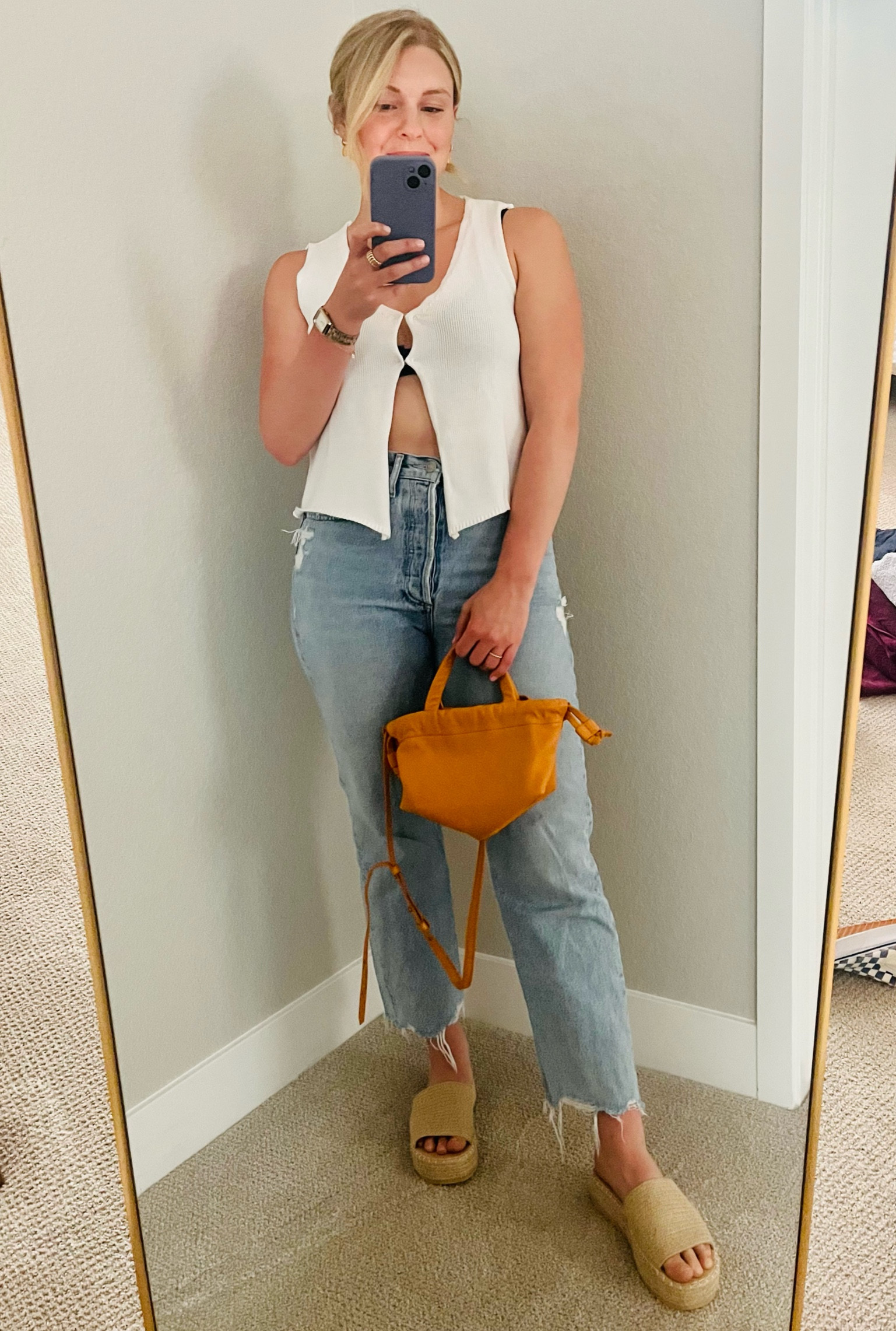 Amazon top (wearing size L, size up) 
Agolde jeans (26, run large) 
Madewell bag 
Matisse Sandals (tts)

#LTKSeasonal #LTKFind #LTKunder50