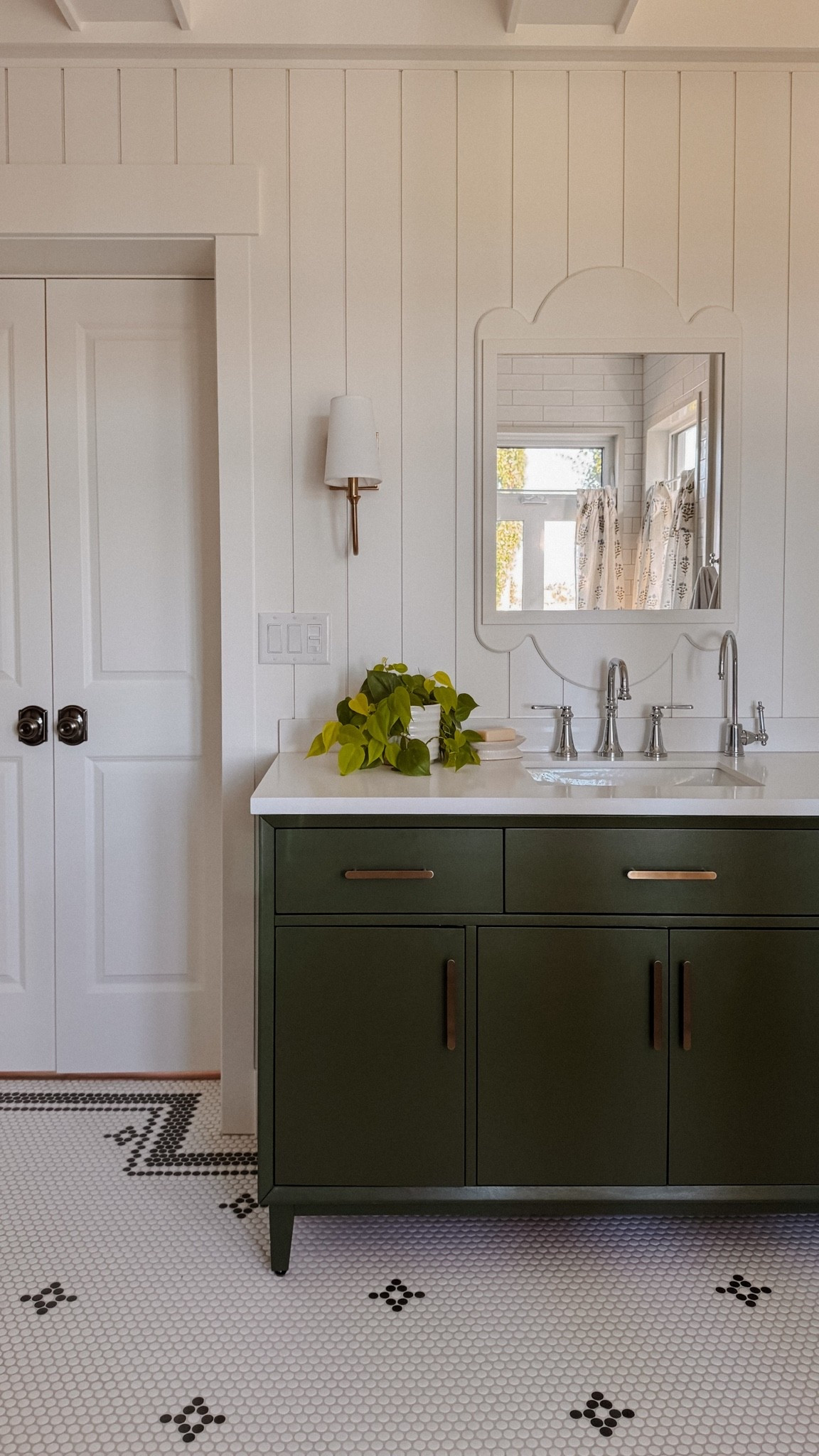Cottage inspired bathroom, green vanity, penny tile mosaic

#LTKcanada #LTKhome