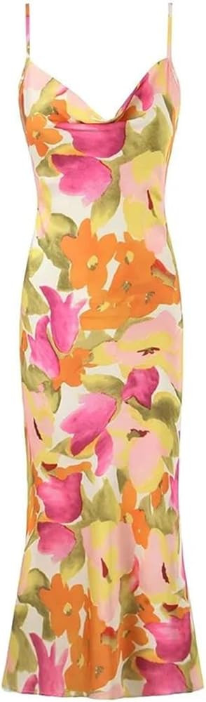 Women's Temperament Printed Sleeveless Wrapped Hip Mid Length Spaghetti Strap Mid-Calf Length Dre... | Amazon (US)