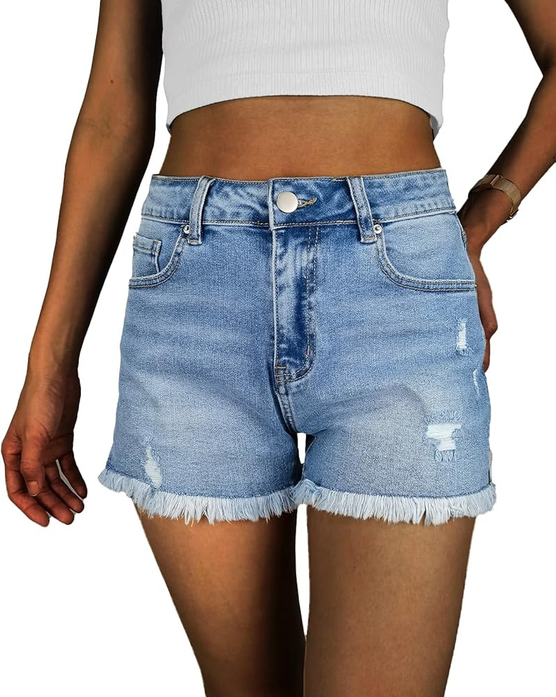 Jean Shorts Womens High Waisted Stretchy Ripped Denim Shorts | Amazon (US)