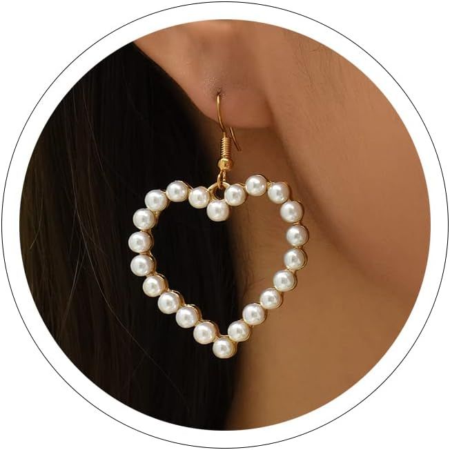Hot Piink Heart Earrings for Women Pearl Heart Earrings for Teen Girls Three Heart Dangle Earring... | Amazon (US)