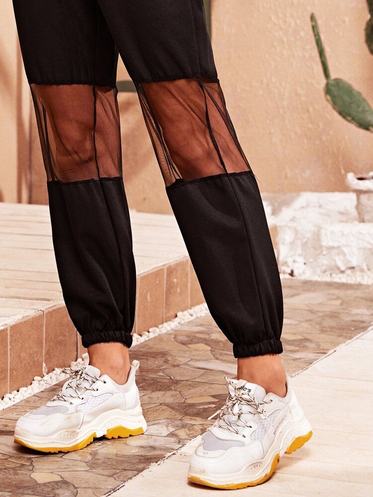 Contrast Mesh Zipper Front Sweatpants | SHEIN