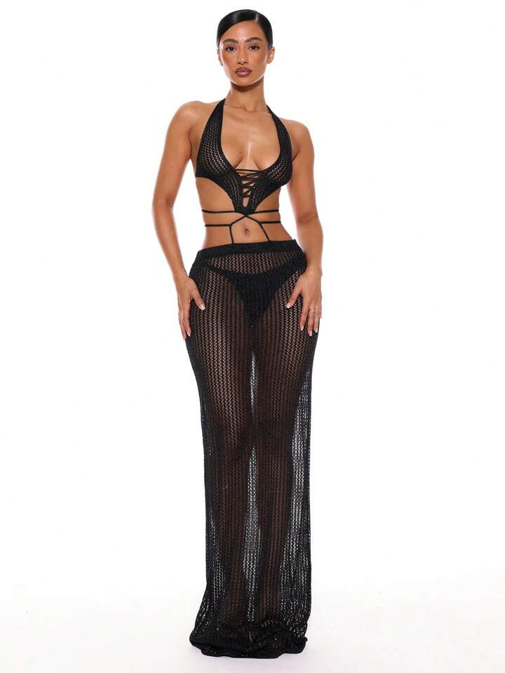 SHEIN X Sofía Suescun Musera Resort Halterneck Plunge Front Crochet Cut Out Sides Tie Back Straight Fit Maxi Dress Summer Spring Holiday Vacation Sexy Ibiza Beachwear Cover Up Nanoscopic | SHEIN