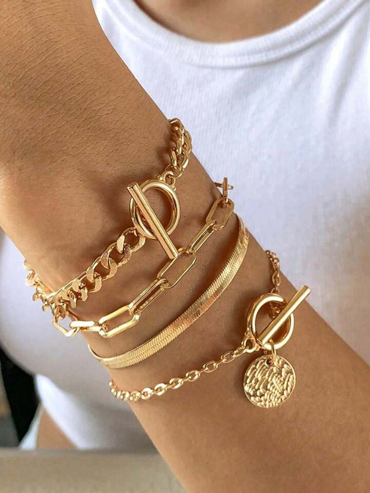 4pcs/set Disc Charm OT Buckle Bracelet | SHEIN