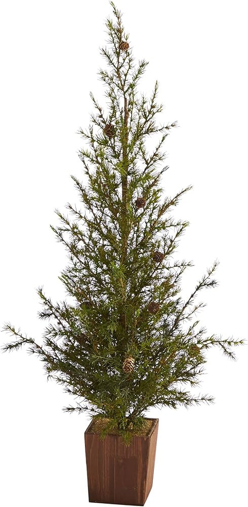 Nearly Natural 4ft. Alpine Natural Look Artificial Christmas Tree in Wood Planter with Pine Cones | Amazon (US)