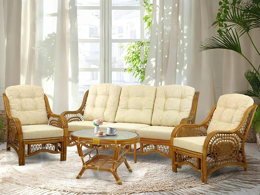 Malibu Lounge Set of 4: 2 Natural Rattan Wicker Chairs, Three-Seater Sofa with Cushions, and Coff... | Amazon (US)