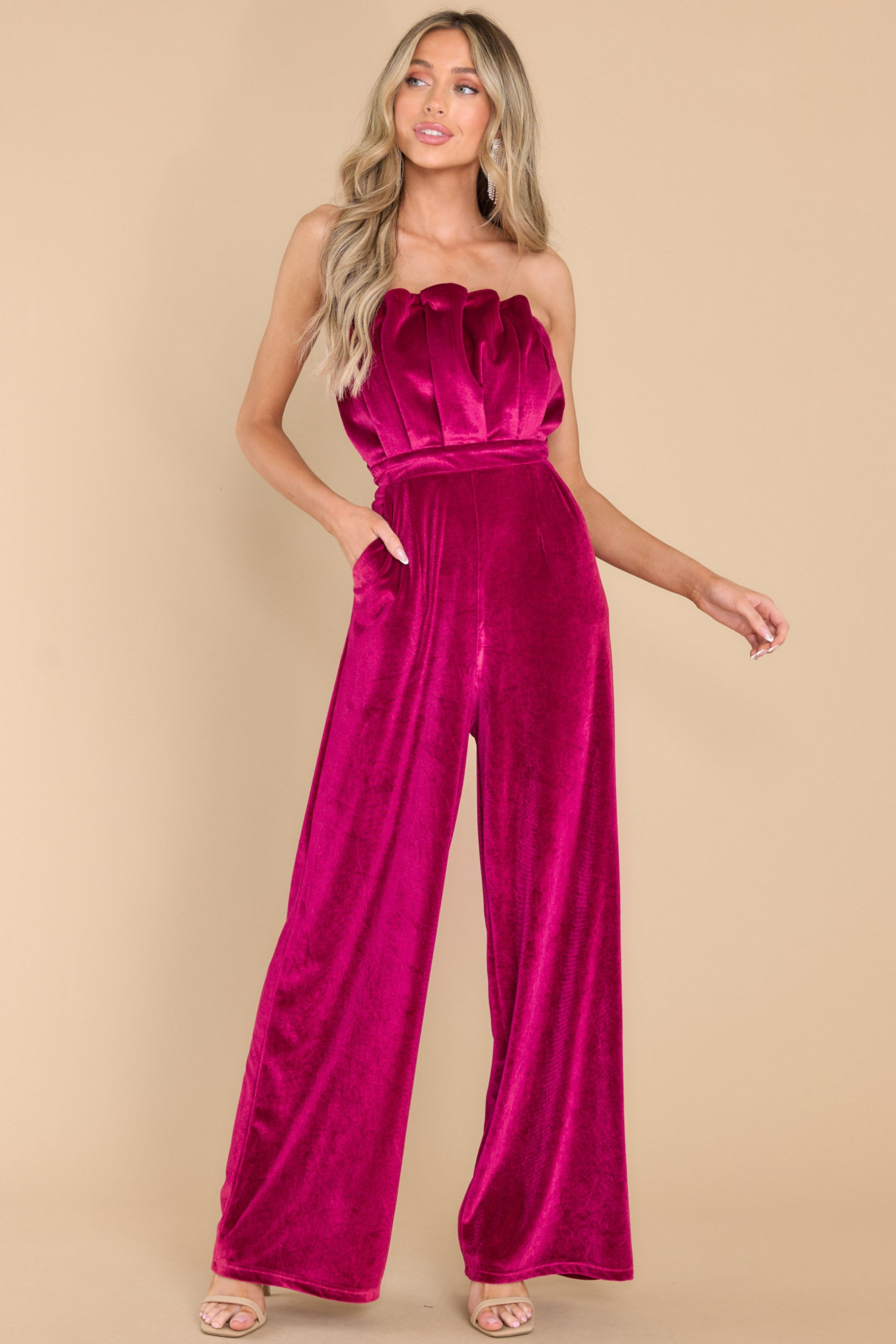 Never Apart Fuchsia Velvet Jumpsuit | Red Dress 