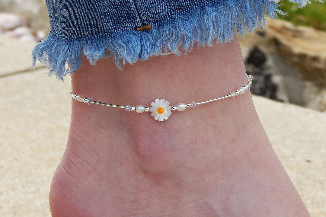 Flower Anklet, Sterling Silver Ankle Bracelet for Women, Pearl Anklets for Women, Pearl Ankle Bra... | Etsy (US)