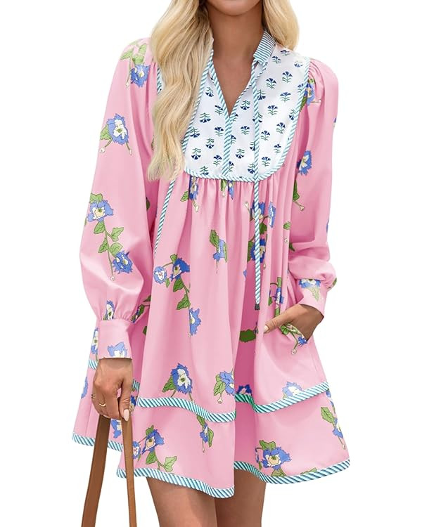 Wenrine Womens Casual Floral Mini Dress 2025 Fall Long Sleeve V Neck Patchwork Loose Boho Shirt D... | Amazon (US)