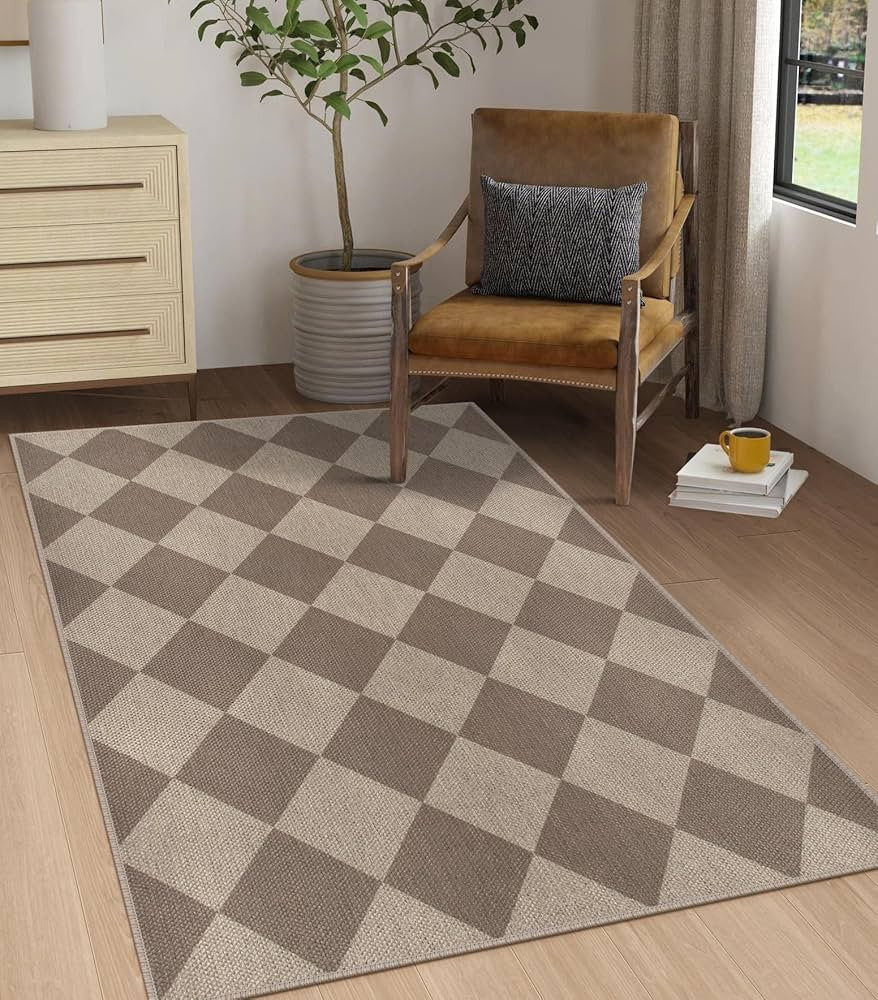 Easy Jute Checkered Area Rug, 3x5 Indoor Outdoor Entryway Rug Washable Brown Modern Diamond Kitch... | Amazon (US)