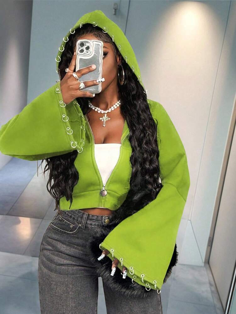 BamGleam Women's Fluorescent Green Long Sleeve Zip Front Hooded Punk Style Sweatshirt | SHEIN