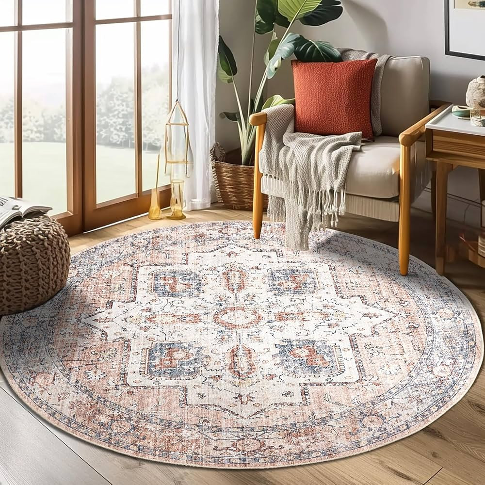 JIANCHAN Round Rug 4Ft, Bohemian Area Rug Indoor Circle Rug Washable Rug Floral Medallion Non Sli... | Amazon (US)