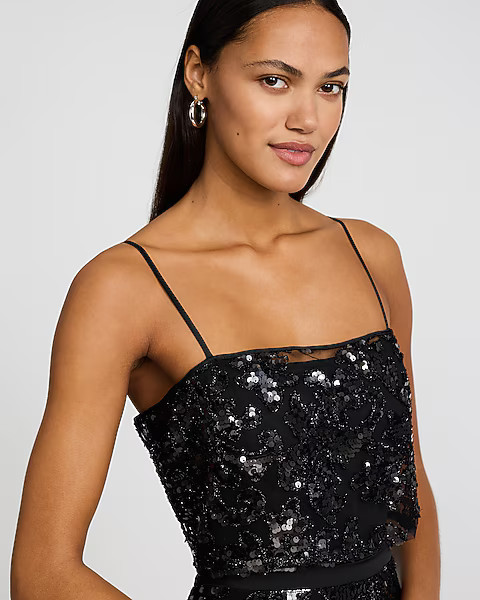Printed Sequin Square Neck Sleeveless Bodysuit | Express