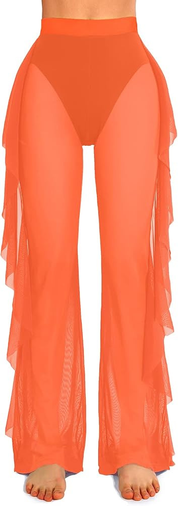 MARINAVIDA Women's Ruffle Sheer Mesh Pants Swimsuit Bikini Cover Up Pants Swimwear | Amazon (US)