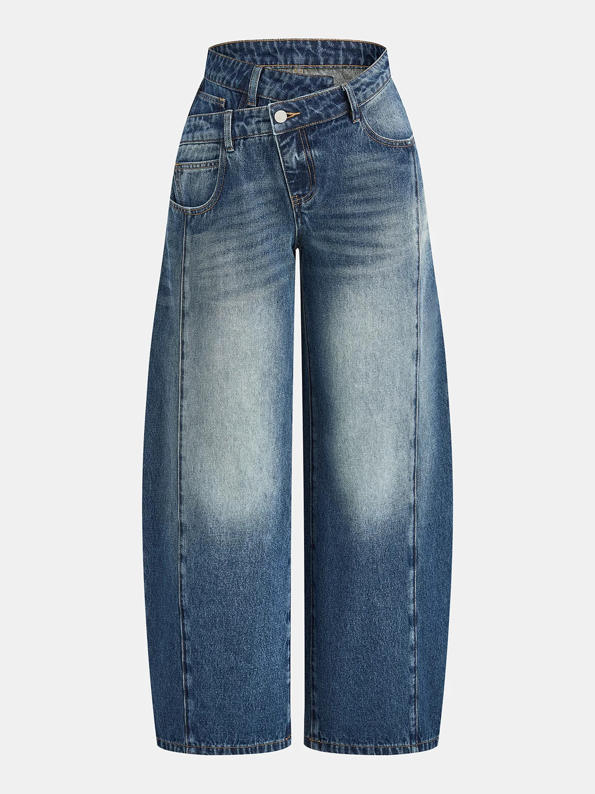 Asymmetric Waist Curved-Leg Denim Pants | Commense