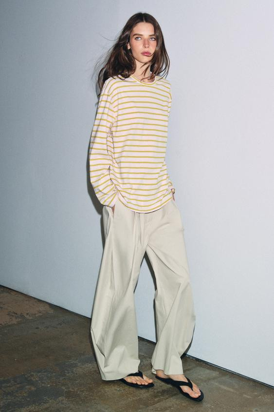 STRIPED COTTON AND LINEN T-SHIRT | Zara US
