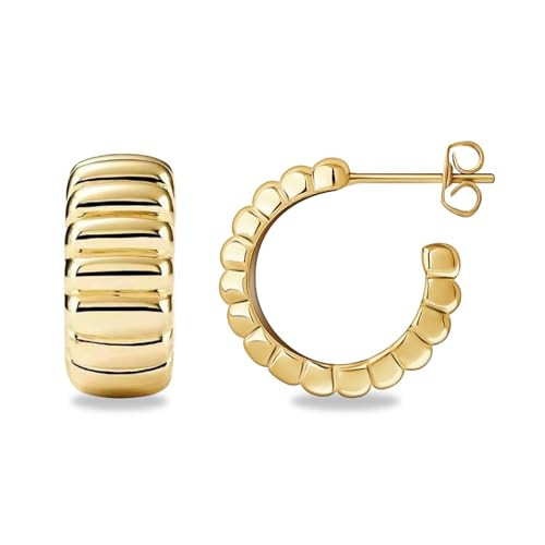 UneDouce 14K Gold Plated Chunky Hoop Huggie Earrings for Women | Chic Ribbed Croissant Textured Lightweight Statement Jewelry Earring I Trendy Earings Stacks Set (Style-A, Gold) | Amazon (US)