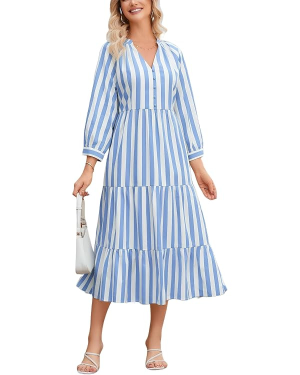 Ladyful Womens Striped Midi Dress 3/4 Sleeve Casual Flowy Tiered Long Dress V Neck Beach Sundress | Amazon (US)