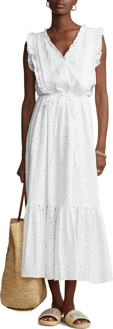 Ruffle Sleeveless Linen Eyelet Dress | Nordstrom