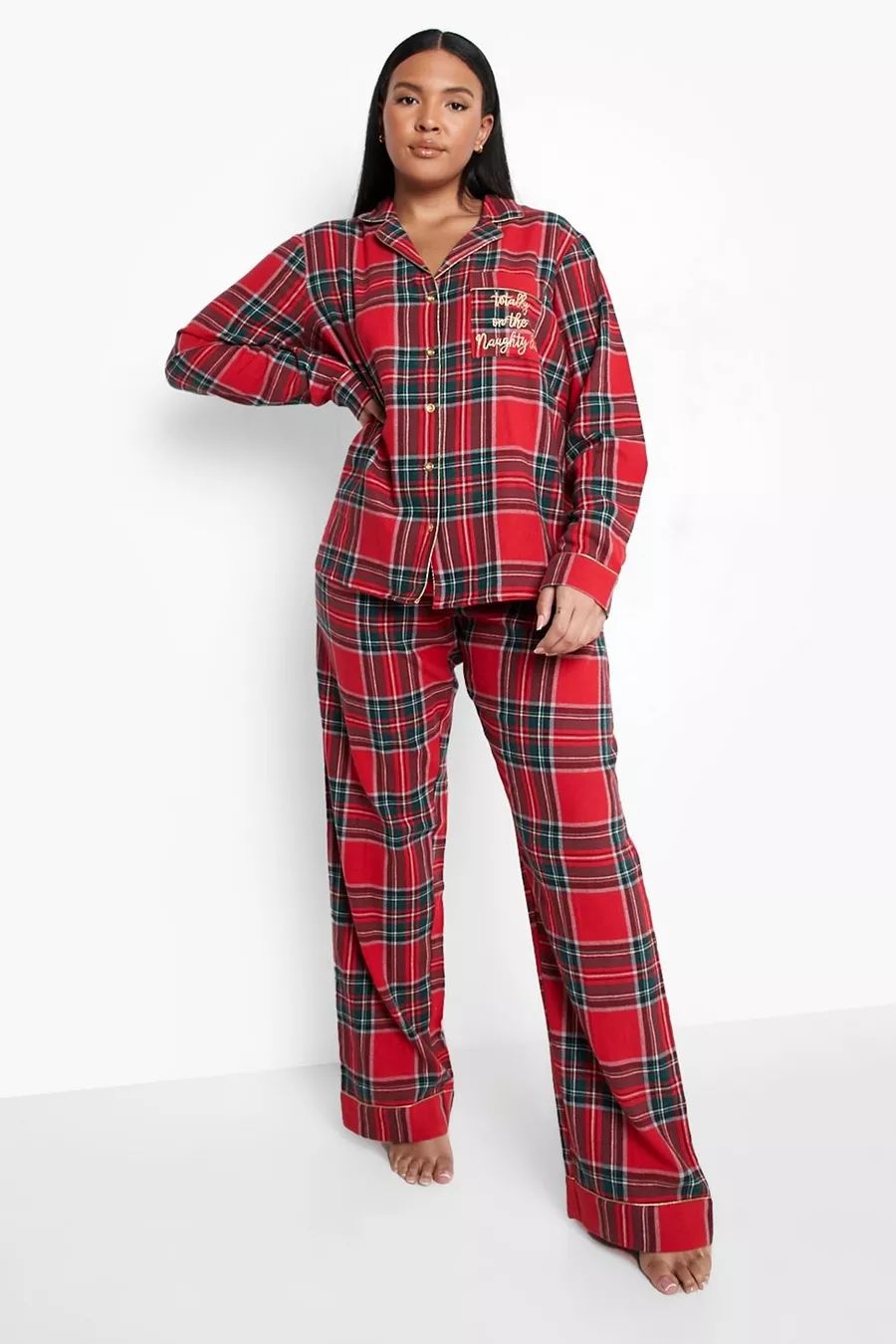 Plus Christmas Naughty List Slogan Plaid Flannel Shirt And Pants Pajama Set | Boohoo.com (US & CA)