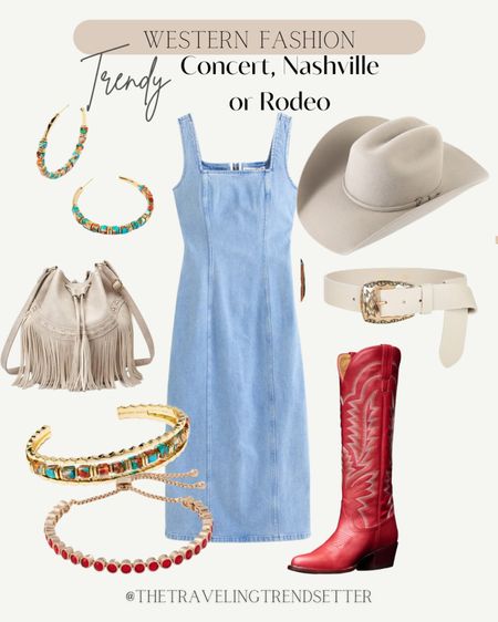 Trendy western fashion outfit idea for summer concert, Nashville, music festival Denim dress from Abercrombie accessorized with boots from Jacobs, cowgirl hat, cowgirl, boots, Kendra Scott jewelry fringe bag

#LTKShoeCrush #LTKStyleTip #LTKFindsUnder50